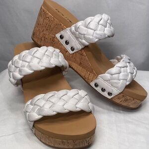 Corkys White Braided Silver Glitter Cork Wedge Sandals